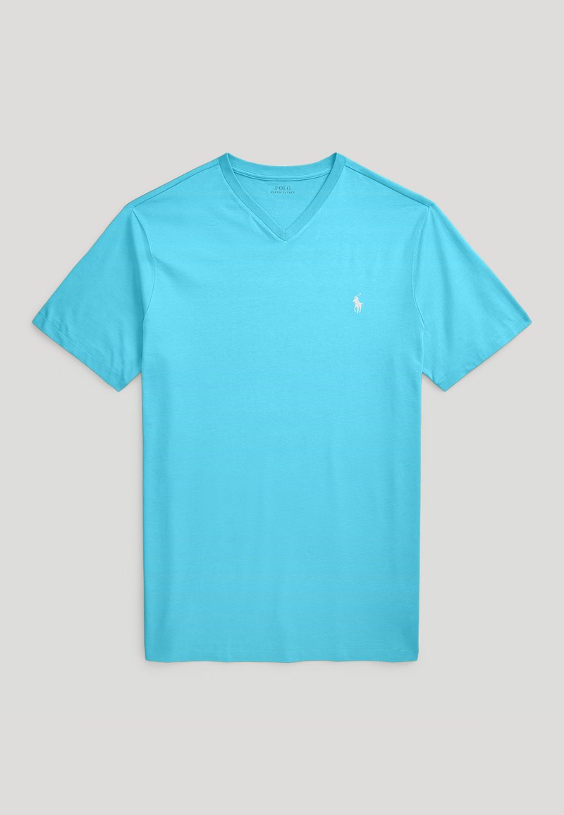 Turquoise v-neck t-shirt made of soft cotton. Short sleeves and a small white logo on the left chest. Simple, solid color design.