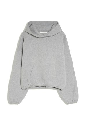 Sweat à capuche court gris clair avec une poche kangourou, manches longues avec poignets élastiques et capuche ample.