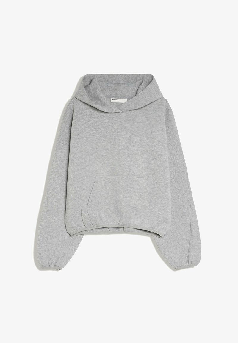 Sweat à capuche court gris clair avec une poche kangourou, manches longues avec poignets élastiques et capuche ample.