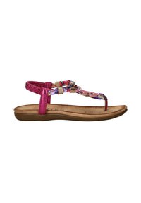 Roze sandaal met een bloemmotief op de banden, afgewerkt met metalen accenten en een gevoerde zool voor comfort. Plat ontwerp met een teenpost.