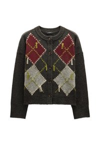 Ciemnoszara kardigan z dzianym wzorem argyle w kolorach bordowym, szarym i zielonym. Posiada okrągły dekolt i pięć guzików z przodu.