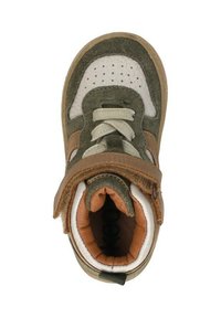 Groene en bruine hoge sneakers met een bovenwerk van suede en leer, vetersluiting, gevoerde kraag en gestructureerde zool.