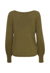 Maglione verde oliva con scollo ampio, maniche lunghe a palloncino e finitura a maglia strutturata. Silhouette semplice e rilassata, di colore uniforme.
