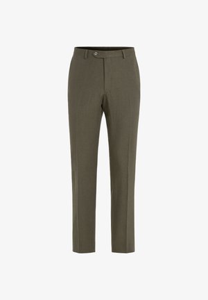 Oliwkowozielone spodnie na miarę z szlufkami na pasek, przednim guzikiem i zamkiem błyskawicznym, proste nogawki, gładki wzór.