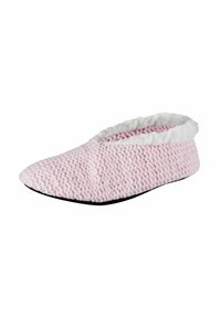 Pantofole rosa lavorate a maglia con rivestimento interno bianco morbido, forma a mandorla e suola nera. Presentano una texture morbida e un design a profilo basso senza chiusure visibili.