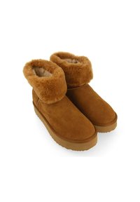 Botas de ante marrón con un ribete de piel de fur suave y suela de goma, que presentan una punta redonda y un diseño simple para ofrecer calidez y comodidad.