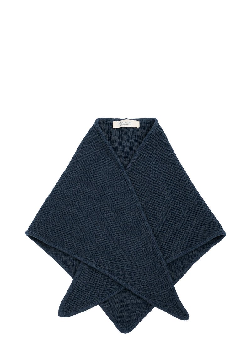 Marineblauwe geribbelde gebreide omslagdoek met puntige uiteinden en een V-vormige halslijn. Voorzien van een label aan de onderzijde voor merkindentificatie.