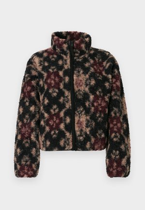 Zagrijavajuća izrezana jakna s visokim ovratnikom, koja ima uzorak cvijeća u crnoj, bež i burgundijskoj boji te prednji patentni zatvarač. Mekana, teksturirana tkanina.