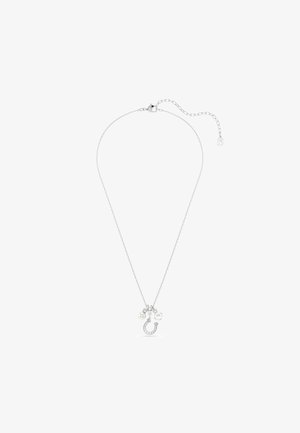 Silberkette mit feinem Gliederarmband, besetzt mit einem Hufeisen-Anhänger, der klare Steine und einen Perlenanhänger enthält. Verstellbare Länge.