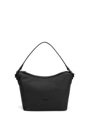 Schwarze Leder-Schultertasche mit Reißverschluss oben und einem einzelnen geschwungenen Träger, der vorne ein kleines geprägtes Markenlogo zeigt.