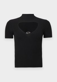 Μαύρο μπλουζάκι ριπ με ψηλό λαιμό και καρδιάσμένη άνοιγμα. Διαθέτει κοντά μανίκια και ασημένια λεπτομέρεια στον λαιμό.