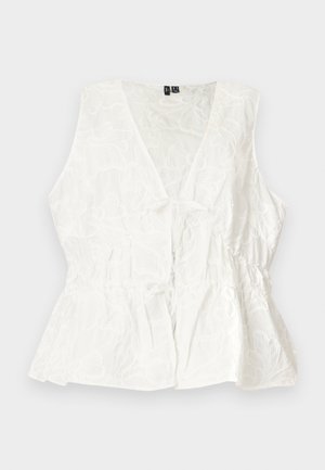 Λευκό αμάνικο μπλουζάκι με V-λαιμόκοψη, ζωγραφιστό λουλουδάτο σχέδιο, σφηκοφωλιά στη μέση και διακοσμητική δέση μπροστά, τοποθετημένο επίπεδα σε ανοιχτό φόντο.