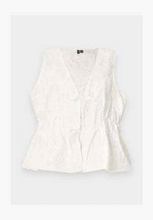 Blouse blanche sans manches à col en V, motif floral texturé, taille froncée et détail noué à l’avant, posée à plat sur un fond clair.