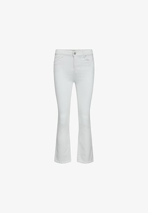 White flared jeans made of denim with a mid-rise waist, featuring a button closure and five-pocket design. Smooth texture, clean lines.