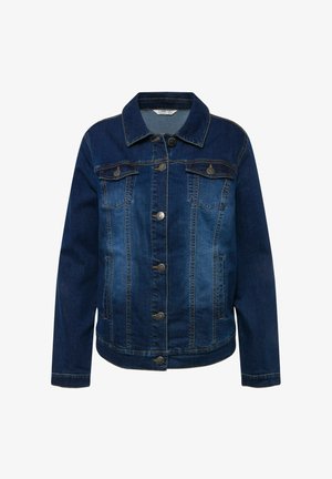 Dunkelblaue Jeansjacke mit Knopfleiste, zwei Brusttaschen und einem Kragen. Verfügt über kontrastierende Nähte und eine figurbetonte Passform.