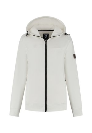 Witte gewatteerde jas met zwarte voorrits, verstelbare trekkoorden aan de capuchon, geribbelde manchetten en zoom, en een klein logoplaatje op de linkermouw.