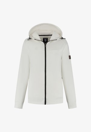 White hooded jacket with black front zipper, adjustable drawstrings on hood, ribbed cuffs and hem, and a small logo patch on left sleeve.