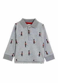 Polo grigio a maniche lunghe con colletto, caratterizzato da una stampa ripetuta di personaggi che portano a passeggio cani, realizzato in morbido cotone.