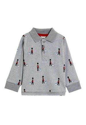 Polo grigio a maniche lunghe con colletto, caratterizzato da una stampa ripetuta di personaggi che portano a passeggio cani, realizzato in morbido cotone.