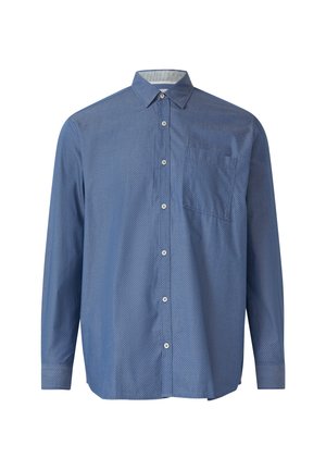 Blaue Langarmbluse aus Baumwolle mit einem kleinen Punktmuster. Verfügt über einen Button-Down-Kragen und eine Brusttasche auf der linken Seite.