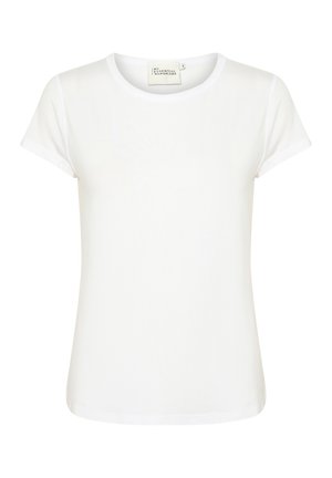 Camiseta blanca de manga corta con cuello redondo, fabricada en suave tejido de algodón. Presenta una textura lisa y un diseño minimalista.