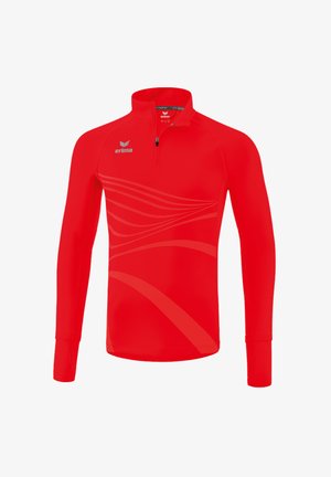 Maglietta atletica rossa a maniche lunghe con mezzo zip, caratterizzata da sottili motivi ondulati, design ergonomico e logo sul petto.