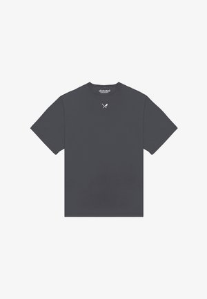 Dark gray short-sleeve T-shirt with small white crossed cricket bat and ball icon centered below the collar.