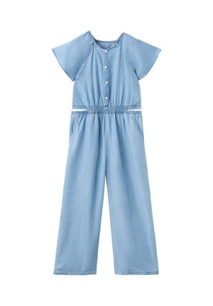 Tuta in denim azzurro chiaro con maniche corte, bottoni sul davanti, vita elasticizzata e pantaloni a gamba larga.