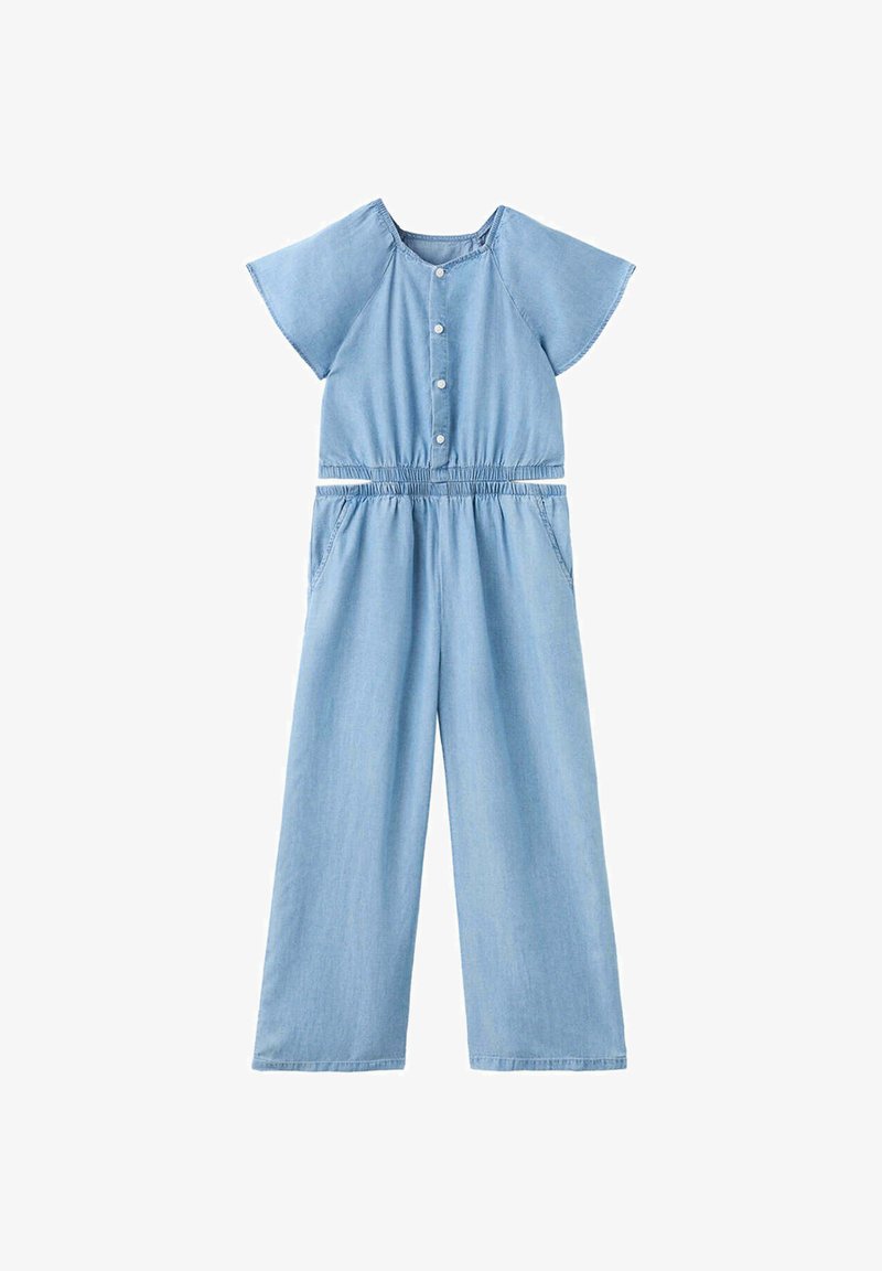 Combinaison en denim bleu clair avec manches courtes, boutons devant, taille élastique et pantalons larges.