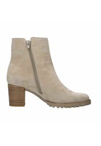 Beige Wildleder Stiefelette mit einem seitlichen Reißverschluss, runder Spitze und einem strukturierten Blockabsatz aus Holz. Verfügt über eine grob profilierte Laufsohle.