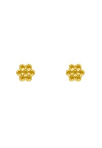 Boucles d'oreilles en or en forme de fleurs avec six contours en forme de pétales. Surface lisse et brillante avec un centre texturé. Petites et légères.