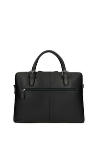 Schwarze Ledertasche mit strukturierter Oberfläche, zwei oberen Griffen, einer Reißverschlusstasche auf der Rückseite und minimalistischen Hardware-Details.