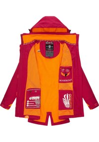 Pink and orange weatherproof jacket with a hood, featuring a zip closure, multiple pockets, and branded labels inside. Smooth texture.