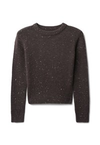 Maglione marrone scuro con scollo a girocollo, polsini e orlo a costine, con macchie colorate distribuite nel materiale lavorato a maglia testurizzata.