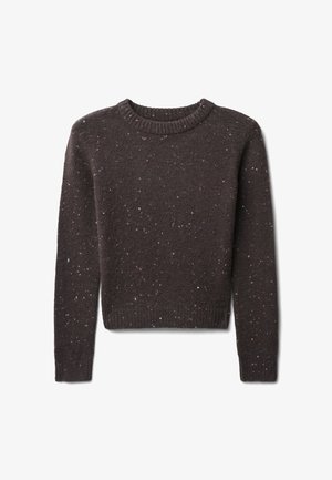 Dark brown sweater featuring a crew neckline, ribbed cuffs and hem, with colorful specks throughout the textured knit material.