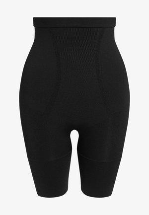 Melnas augsta vidukļa formējošās šorti ar gludu apdari, teksturētām saitēm un ceļgalu garuma griezumu, nodrošinot elegantu siluetu.