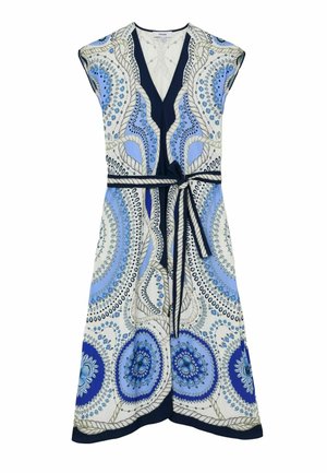 Ärmelloses Wickelkleid mit blauen, weißen und beigen Kreis-Mustern, einem V-Ausschnitt und einem passenden Gürtel, der in der Taille gebunden ist.