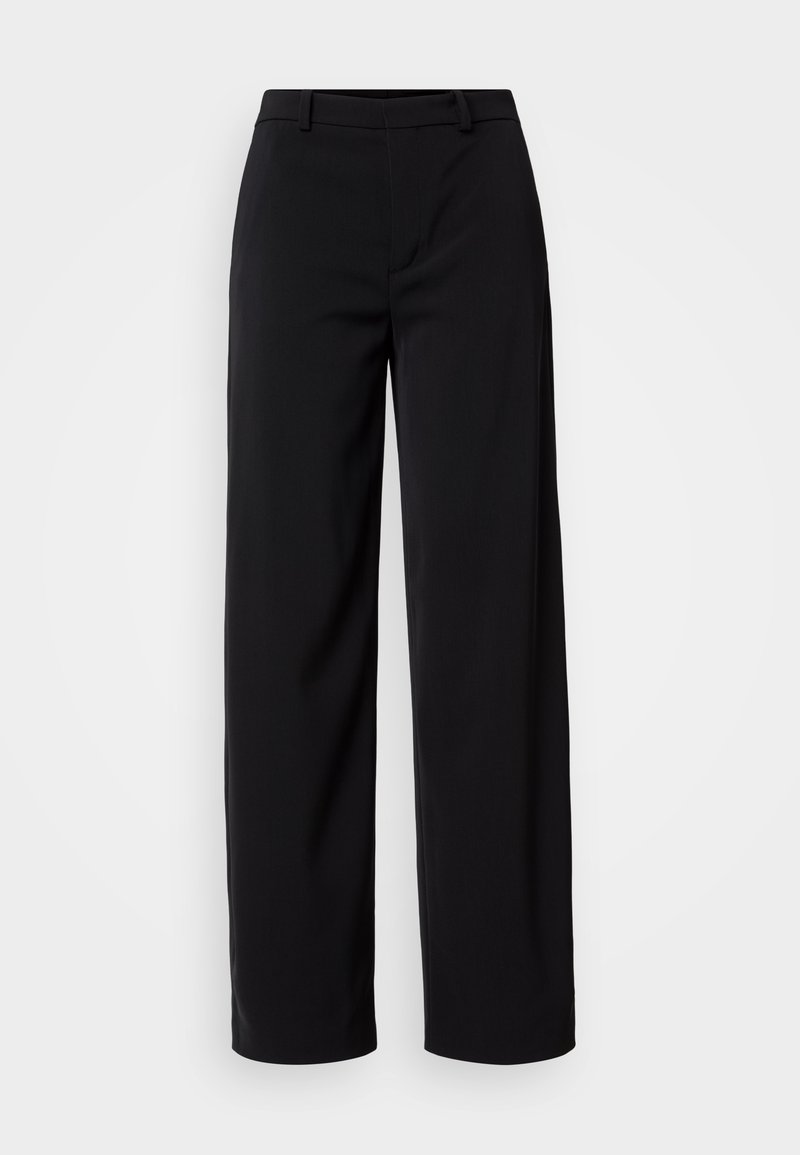 Zwarte wijde broek van soepel materiaal, met een klassieke tailleband en een op maat gemaakte silhoët met zijzakken.