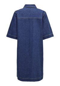 Denim dress in dark blue with short sleeves, a collar, and a straight cut. Features visible stitching and a mid-length design.