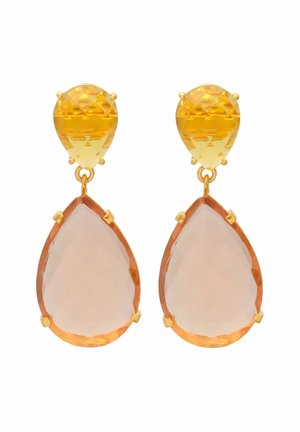 Goldene und bernsteinfarbene Tropfenohrringe mit facettierten gelben oberen Steinen und größeren durchsichtigen bernsteinfarbenen unteren Steinen in goldenen Fassungen.