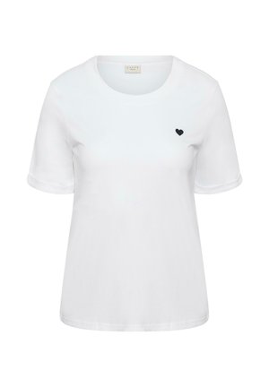 T-shirt blanc à manches courtes avec encolure ronde et petit emblème en forme de cœur noir sur la poitrine gauche.