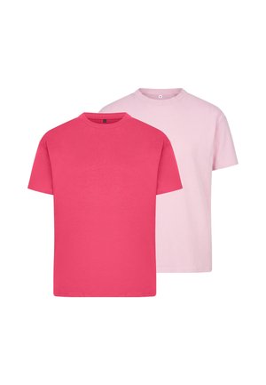 To ensfarvede korte ærmede t-shirts med rund hals, den ene i klar pink foran og den anden i lys pink bagpå, begge i størrelse small.