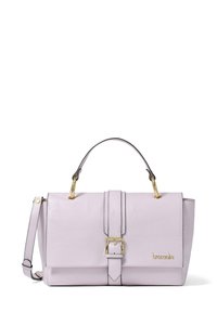 Borsa a mano in pelle lilla con hardware dorato, manico superiore e tracolla regolabile. Presenta una fibbia e cuciture di accento nere.