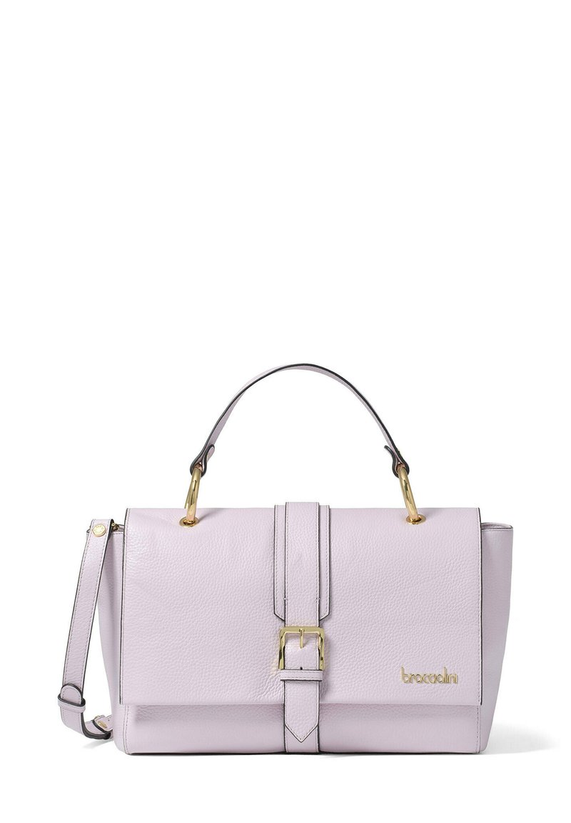 Borsa a mano in pelle lilla con hardware dorato, manico superiore e tracolla regolabile. Presenta una fibbia e cuciture di accento nere.