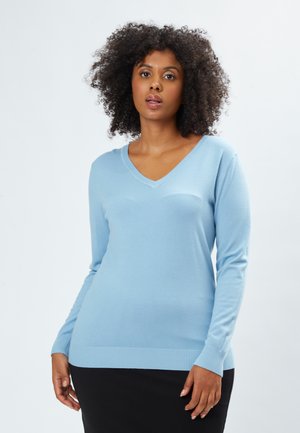 Himmelblaues, langärmeliges V-Ausschnitt-Pullover mit geripptem Saum und Bündchen. Glatte Textur, taillierte Silhouette. Einfaches, klassisches Design.