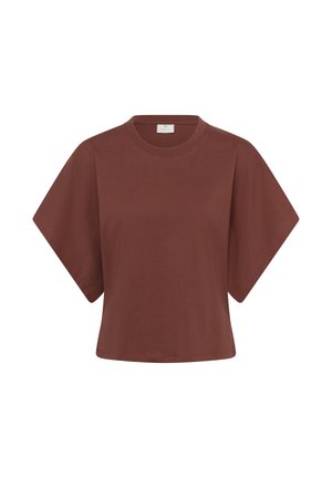 Tricou maro cu mâneci scurte și croială scurtă, cu mâneci largi și decolteu rotund, pe fundal alb.