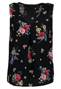 Schwarze ärmellose Bluse mit V-Ausschnitt und mehrfarbigem Blumenmuster, das rote, pinke, gelbe und blaue Blumen umfasst.