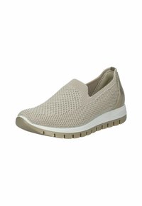 Scarpa beige senza lacci con una tomaia in maglia testurizzata, suola in gomma e un intersuola bianca a contrasto. Presenta una punta rotonda e pannelli laterali elasticizzati.