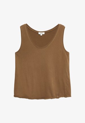 Brown sleeveless cotton tank top with scoop neckline and small tag detail at the bottom hem, size 36 by brand s.Oliver.