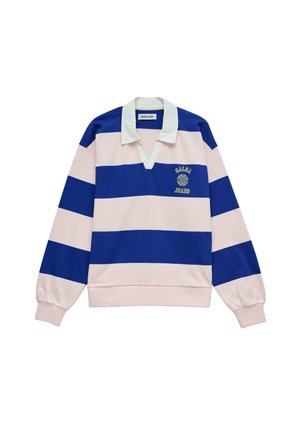 Chemise de rugby à manches longues avec larges rayures horizontales roses et bleues, col blanc, et logo « SALSA JEANS » sur la poitrine gauche.